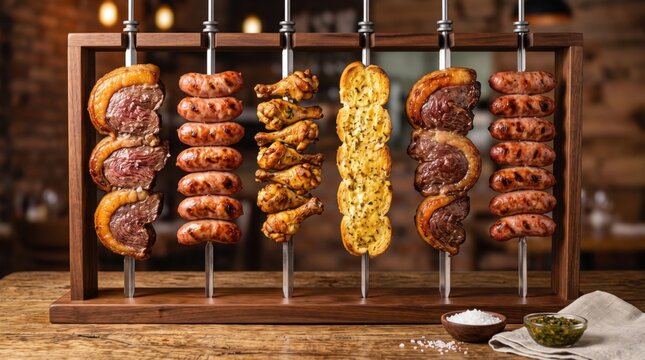 Assorted grilled skewers on a wooden stand