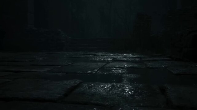 Wet stone pathway leading toward dark steps with scattered flames glowing in a shadowy setting