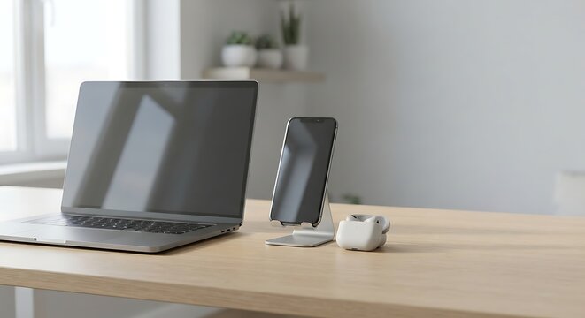 Minimalist workspace with laptop and smartphone on wooden desk. Modern home office setup with digital devices. Clean bright interior for remote work.