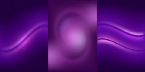 Three vertical abstract backgrounds with glowing purple curves and soft blurred light effects