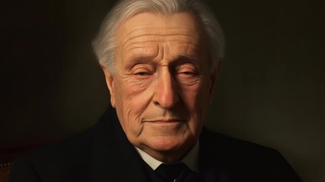 Elderly man facing forward in formal suit against a dark indoor background