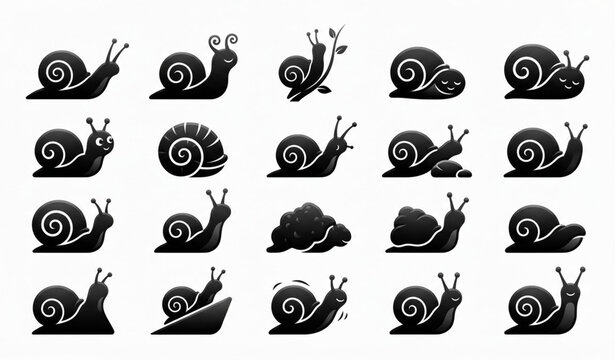 3D Snail Cartoon Silhouette Icon Set, Cute Garden Animal Vector Illustration