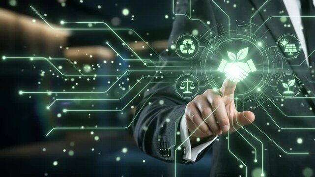 Businessman taps glowing ecological icon to build brand trust and reputation representing corporate ESG responsibility in modern office close-up photo