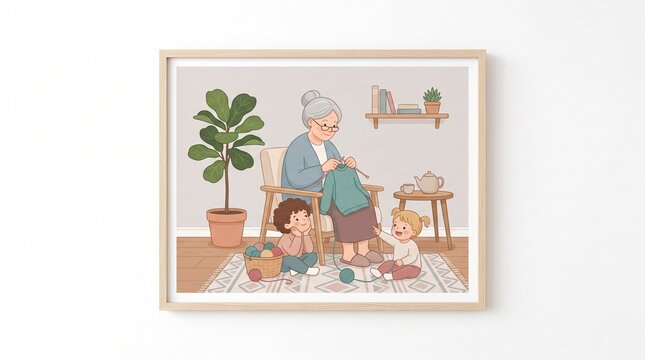 Grandmother knitting with two children playing indoors