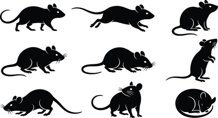 Obraz premium Black Rat and Mouse Silhouette Vector Set with Various Poses Including Running Standing Sleeping and Crawling for Pest Control Branding and Animal Graphic Designs