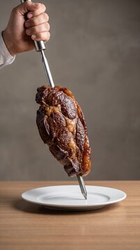 Waiter serves grilled cupim beef on skewer