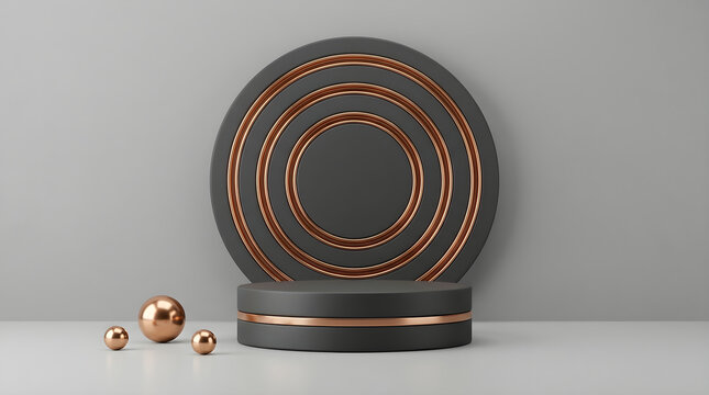 A minimalist dark grey podium with metallic bronze accents and spheres under soft studio lighting. This sophisticated product display mockup is ideal for luxury cosmetic.