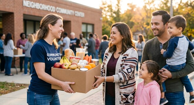 Dedicated community volunteer offers a box of essential groceries and supplies to a grateful family with young children, embodying kindness and support at a local neighborhood center