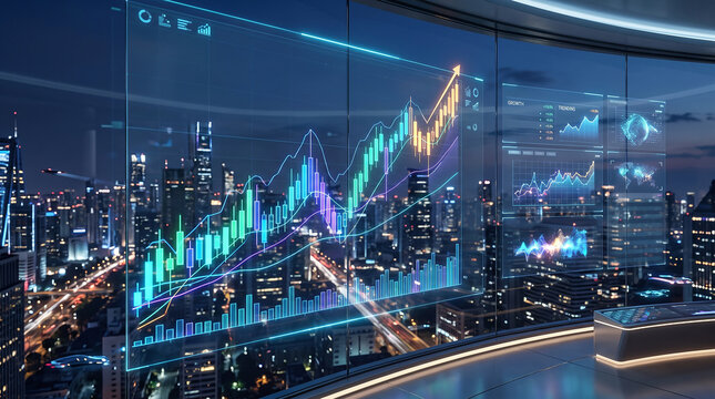 Futuristic financial data visualization with glowing stock market charts, graphs, growth indicators, and analytics dashboards displayed over a modern city skyline at night. 
