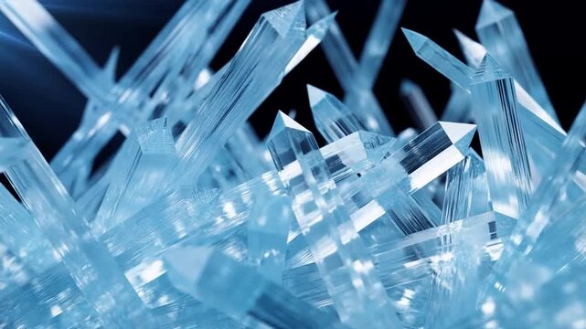 Transparent blue crystal formations overlap in an abstract arrangement against a dark background