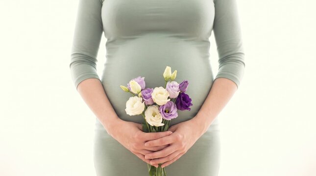 Pregnant woman gently holding a vibrant bouquet of eustoma flowers against her belly while wearing a soft sage green dress