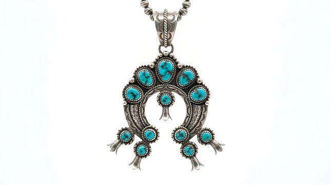 Southwestern Style Naja Pendant Necklace with Turquoise Stones Isolated on White Background