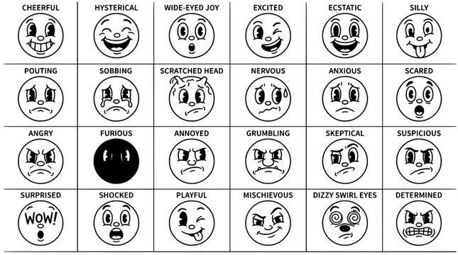 Vintage cartoon faces chart showing various human emotions and expressions in black and white