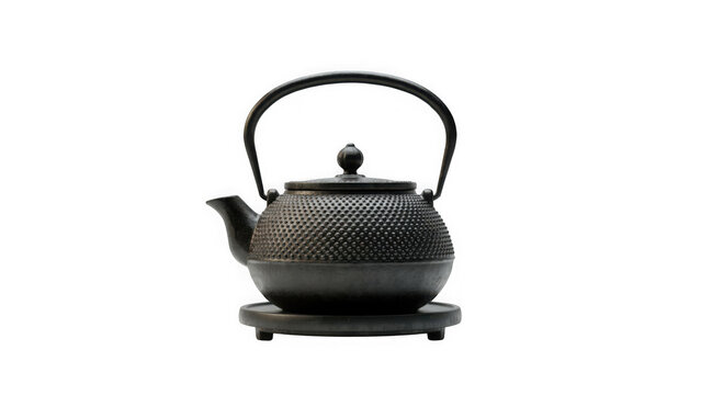 Traditional Cast Iron Tea Pot With Textured Surface On Matching Trivet For Japanese Tea Ceremonies And Home Brewing