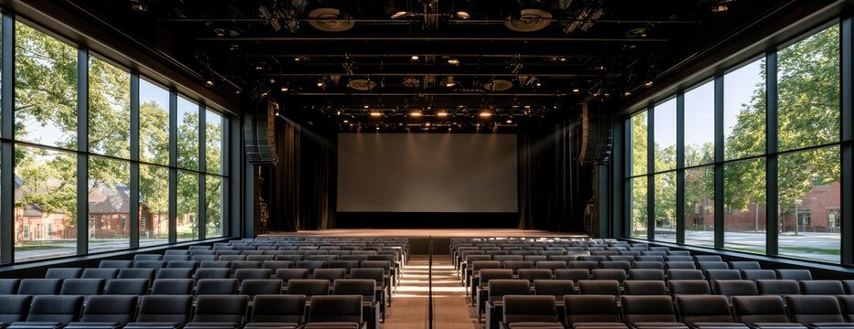 Rows of dark seats face a large screen in a modern hall with windows