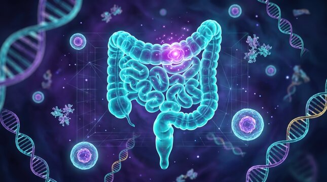 Glowing digital representation of human large intestine surrounded by floating dna helices and microscopic cells in a dark purple background