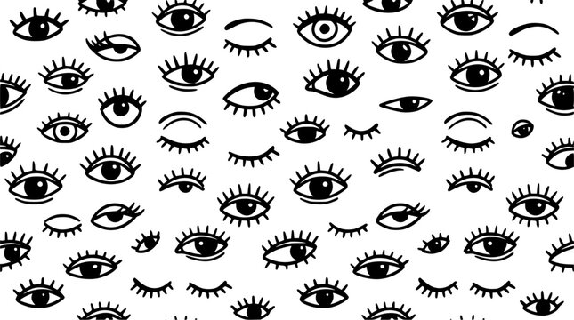 Seamless pattern with hand drawn black eyes on a white background