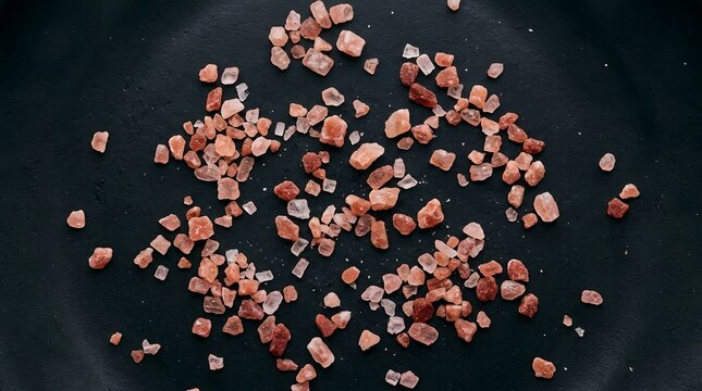 Raw pink Himalayan salt crystals scattered across a dark surface highlighting natural textures and vibrant mineral tones for culinary photography