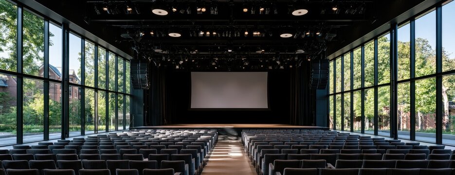 Modern auditorium with large windows, a stage, and projector screen
