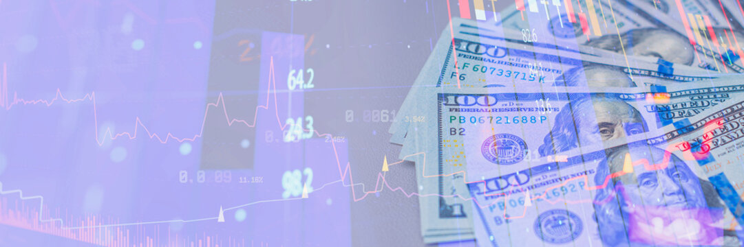 US dollar bills with stock market trading graph and financial data overlay on background. Forex currency exchange, investment market analysis or economic growth concept for banking.