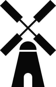 Traditional Dutch windmill silhouette vector icon. Black minimalist logo represents a classic grain mill or wind turbine. Graphic symbol for agriculture, rural farming, and clean energy.