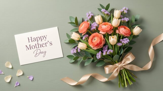 Vibrant ranunculus and tulip bouquet arranged with elegant ribbon beside card featuring heartfelt happy mother day greeting on green wood