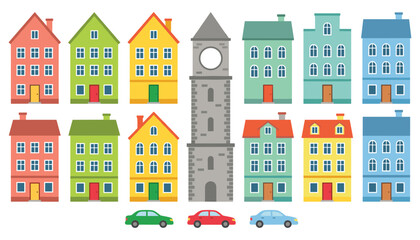 Fototapeta premium Cute Colorful European City Houses and Clock Tower Vector Illustration Set with Scandinavian Style Town Buildings and Tiny Cars for Urban Graphic Designs
