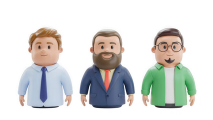 Fototapeta premium Diverse Group of Three Professional 3D Businessmen Characters Standing Together Isolated on a Plain White Background