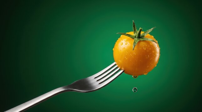 Fresh golden yellow cherry tomato pierced by a metallic silver fork showing water droplets against a vibrant dark green background