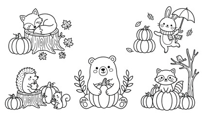 Obraz premium Cute Autumn Woodland Animals Coloring Page Vector Set with Happy Bear Fox Rabbit Raccoon Hedgehog and Squirrel Line Art Characters for Kids Activities