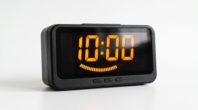Modern black digital alarm clock displaying 10 00 with orange illuminated numbers and a white background