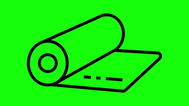 Animated black line icon of a rolled yoga mat or fabric textile on a green screen background for video editing.