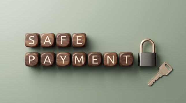 Safe payment text carved into dark polished wooden cubes arranged alongside a shiny metal padlock and brass key for security