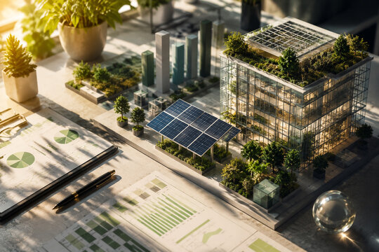 Eco friendly sustainable urban planning architectural model with solar panels and green city development plans
