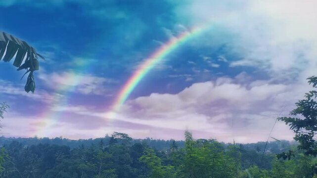 Birds flying over a lush tropical forest landscape with a vivid rainbow. Seamless looping 4k video background