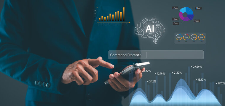 A person in a suit interacts with a smartphone, surrounded by AI, data charts, and analytics, symbolizing technology and artificial intelligence in business.
