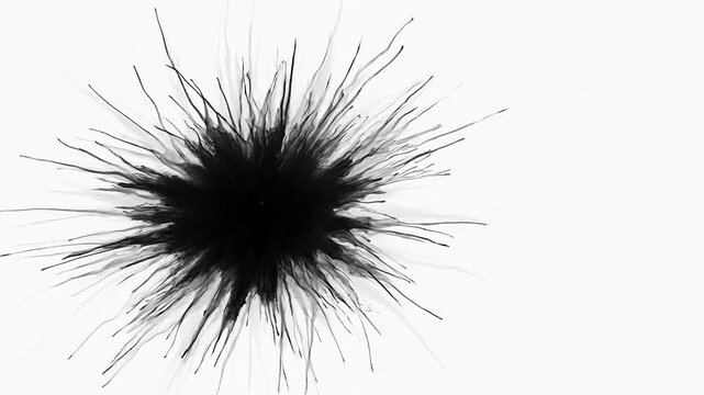 Black abstract ink splash formation floating in empty white space with dripping tendrils