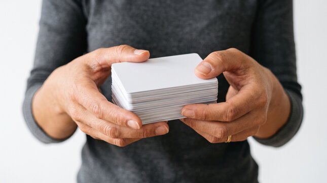 Person holding a stack of blank white cards for notes or identification
