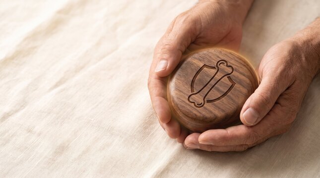 Human hands holding a round polished wooden disc featuring an engraved shield and bone icon against a soft linen background