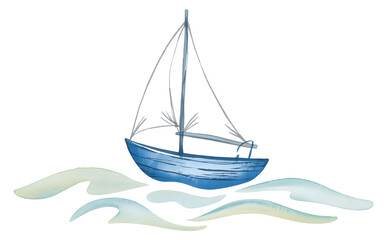 Fototapeta premium Sailboat Sailing on Ocean Wave Illustration Isolated on White 