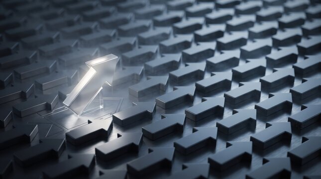 Shining glass arrow pointing upwards stands out from many dark matte arrows representing unique leadership and success in business growth