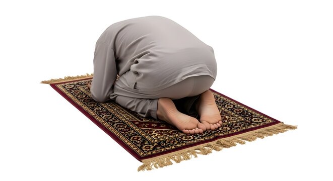 Man praying on prayer rug with clean background for religious concept and worship