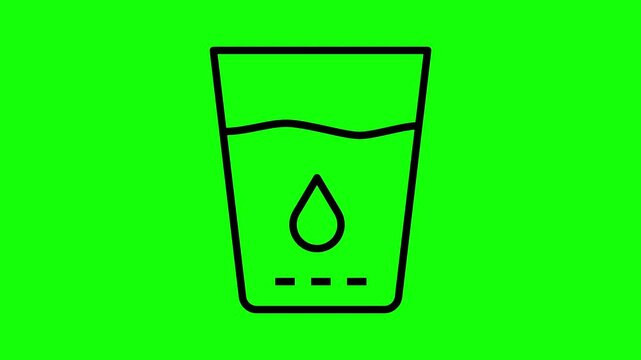 Minimalist Animated Water Glass Line Icon with Droplet and Liquid Level in Motion on Green Screen Background