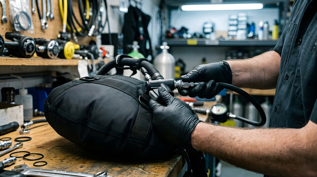 Professional technician performing maintenance on scuba diving gear in a workshop, using black gloves to assemble a buoyancy compensator BCD inflator hose assembly, industrial repair scene background