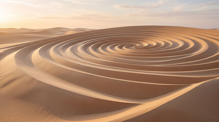Naklejka premium Circular sand dunes pattern forming concentric rings in vast desert landscape at golden hour.