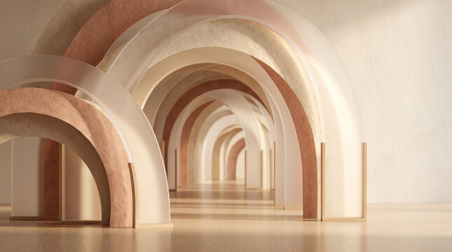 Minimalist corridor with curved beige arches and frosted glass for elegant interior branding.