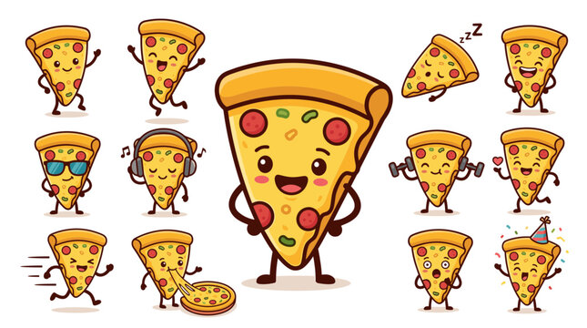 Cute pizza slice mascot character set vector with various funny poses listening music sleeping lifting dumbbells eating pizza and wearing party hat isolated on white background