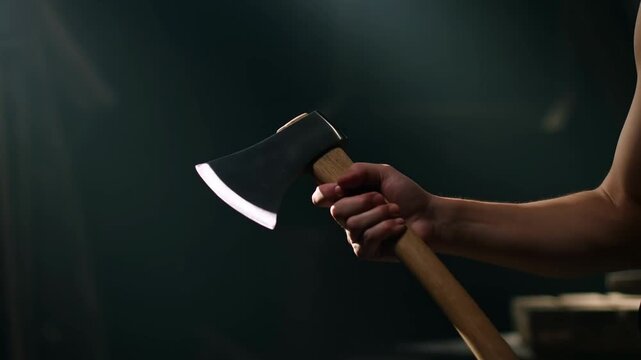 Person holding an axe by its wooden handle in a dark workshop with the blade angled downward