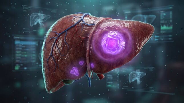 Human liver anatomy displays detailed pathological tumor growth with glowing purple highlights against a futuristic medical diagnostic laboratory interface background environment