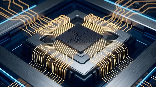 Advanced computer microprocessor chip featuring intricate glowing gold circuitry connections against a high contrast dark metallic surface with blue lights